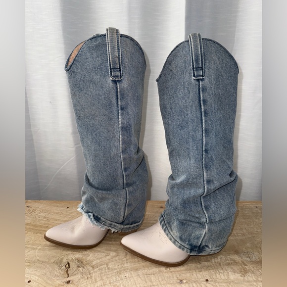 Steve Madden Lassy Denim Cowboy Boot Frayed Hem Western Festival | Size 5M - Picture 9 of 16